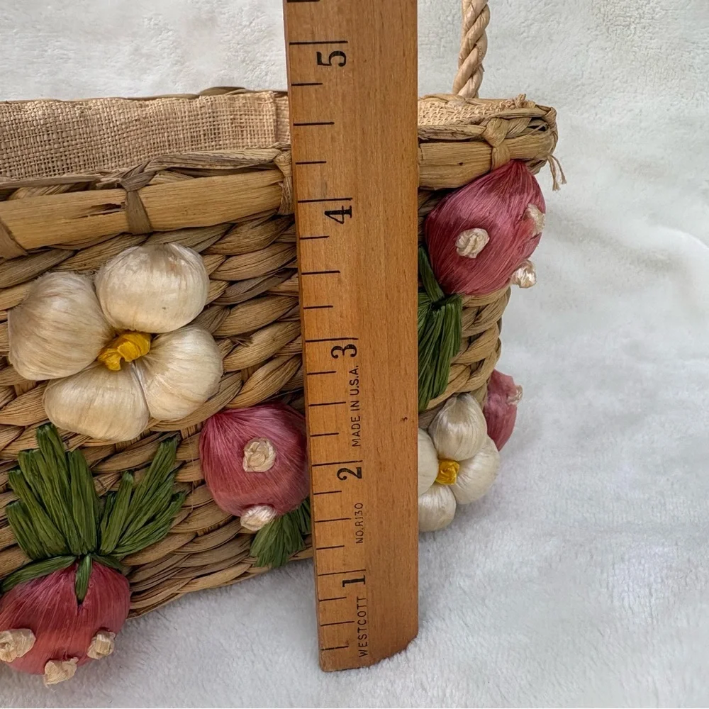 Vintage Handmade Straw Basket w/ Strawberry & Floral with Raffia Trim Handles